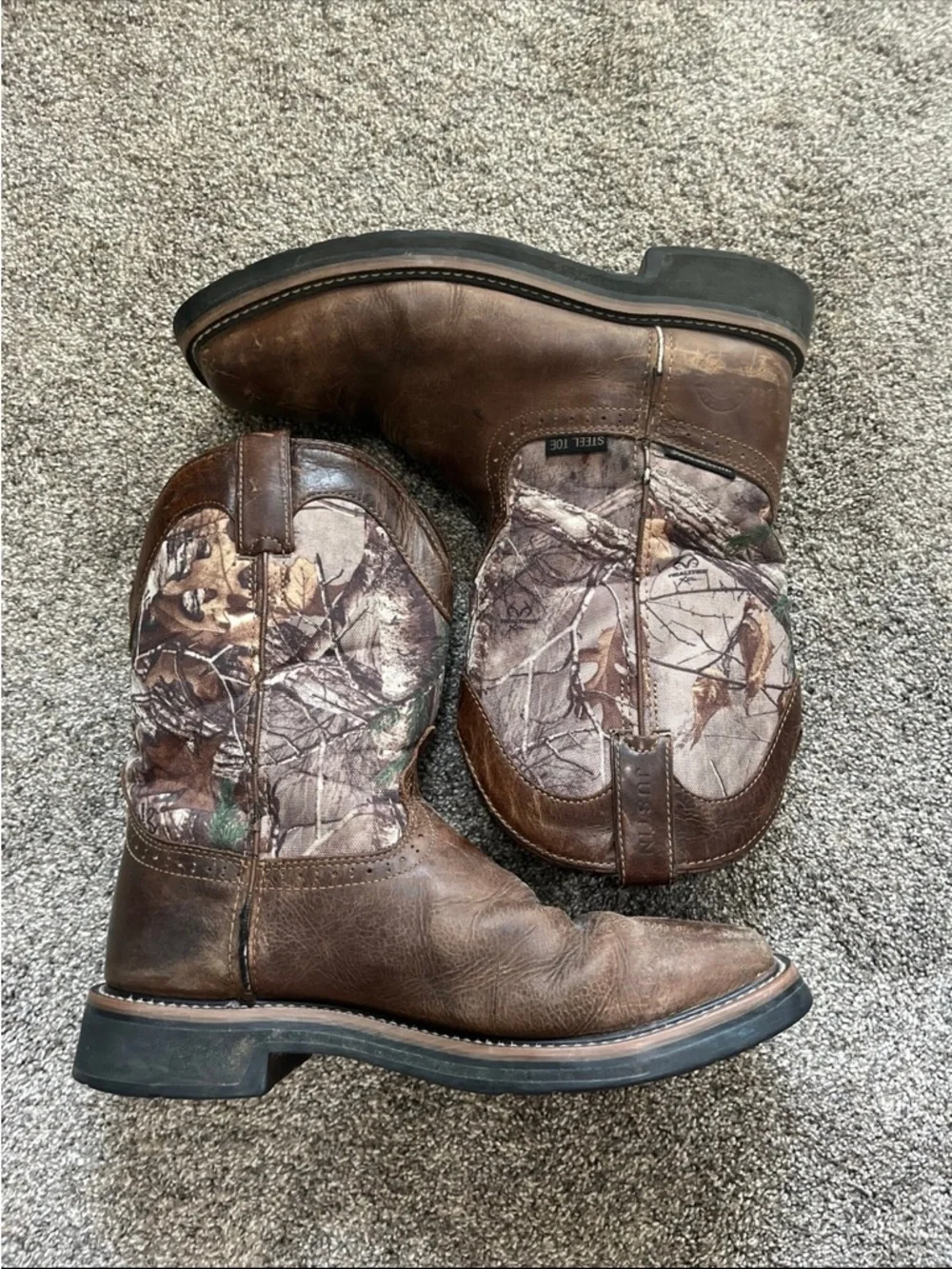 Justin Original Work Boots Mens 10EE Steel Toe Brown Camo Pull On AC1003 Wide